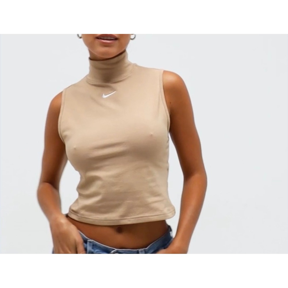 Nike Sportswear Essential Women Mock Neck Sleeveless Crop Top Tan Beige